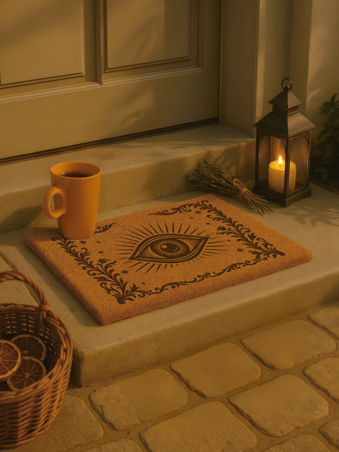 A 24x16 inch rectangular outdoor doormat made of eco-friendly coconut coir with a black vinyl backing. The mat features a central evil eye design radiating with detailed rays and surrounded by swirling ornamental scrollwork and small stars. Designed for witchy home entryways, it offers protection and style for porches, patios, and thresholds.